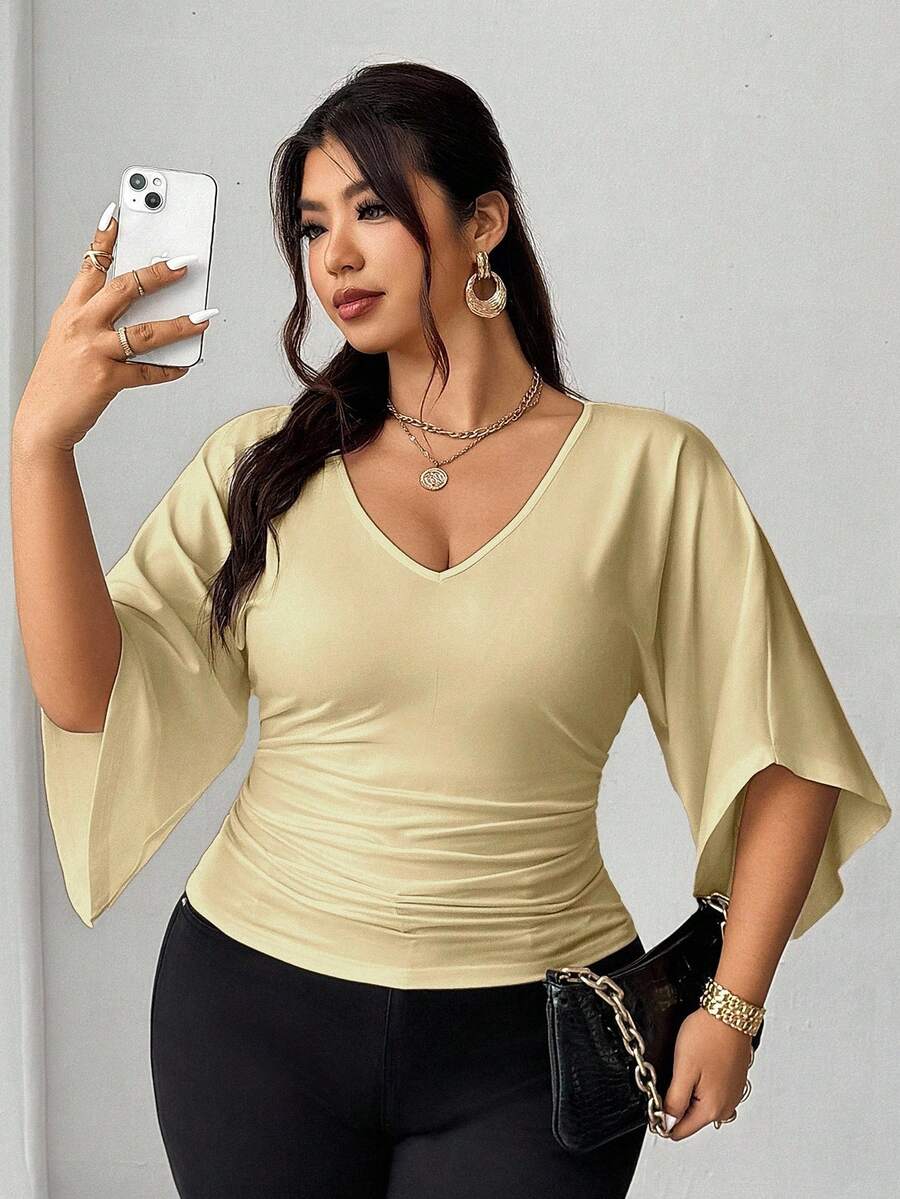 Elenzga Áo thun dáng Pháp thoải mái, đa năng, có phần eo thon gọn, dành cho người có thân hình mũm mĩm. - Màu be - Xem 1