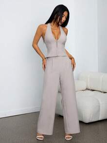 SHEIN PETITE 两件套：优雅轻盈的亚麻裹身V领无袖背心和高腰褶裥阔腿裤，休闲商务通勤装，春夏、毕业典礼、教师装，秋冬返校季皆宜。 - 杏色 - 查看 1