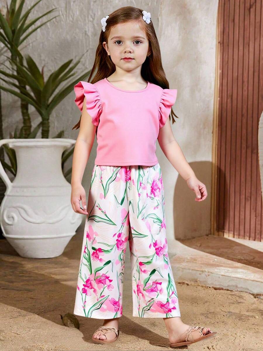 Elladie kids Bộ đồ 2 món cho bé gái gồm áo tay bồng và quần ống đứng in họa tiết, thích hợp cho kỳ nghỉ, dã ngoại và mặc thường ngày. Bộ đồ hoa mùa hè, set đồ hai mảnh cho bé gái, quần áo mùa hè, set đồ nhiệt đới cho bé gái, set quần và áo ống loe, set đồ phối hợp nhiệt đới cho bé gái. - Hồng - Xem 1