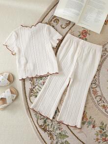 Cozy Pixies 2pcs Baby Girl Round Neck Long Sleeve Ruffle Hem Pullover Top And Elastic Waist Flared Pants Set 2pcs Set Toddler Girls Toddler Girl Casual Pant Sets Knit Two Piece Toddler - Multicolor - View 2