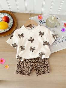 SHEIN 猎豹纹蝴蝶结装饰图案休闲圆领短袖上衣和短裤两件套，适合年轻女孩日常穿着，春夏皆宜，休闲时尚，返校季必备 - 彩色 - 查看 3