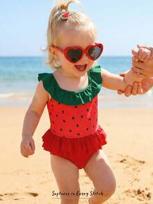 Cozy Pixies 夏季限量版！女婴可爱荷叶边西瓜连体泳衣 - 紅色 - 查看 1