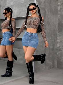 SHEIN PETITE Women's Textured Pattern Light Wash Denim Mini Skort Casual Style - Light Wash - View 4