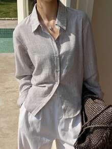 DAZY 女士纯色修身长袖休闲复古优雅夏季衬衫 - 灰色 - 查看 5