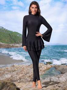 Swim Mulvari Women Black Flare Sleeve Top And Long Pants Casual Modest Swimwear Set, Suitable For Spring, Summer, Beach, Party - Black - View 1