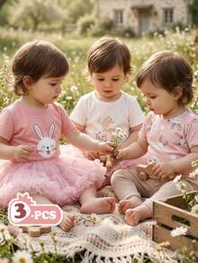 SHEIN Vintaside Kids 3pcs/Set Baby/Toddler Girls' Soft Loose Casual Versatile Short Sleeve Tees Tops, Pink, White, Rabbit And Deer Prints, Casual Summer Holiday Vacation Everyday Wear. Suitable For Beach Vacation, Park Outing, Daily Wear, Holiday Gathering, First Birthday Party, Sightseeing, Photoshoots, And Various Occasions. Ideal For Spring And Summer Wear - Multicolor - View 7