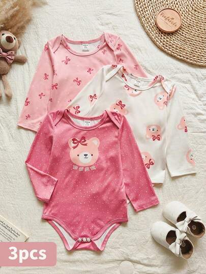 SHEIN Conjunto de 3 piezas de bodis de manga larga con estampado de oso rosa, cómodos y casuales para bebé niña, para otoño/invierno
