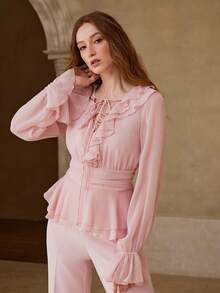 MOTF PREMIUM WOMEN'S ROMANTIC ELEGANT RUFFLE TRIM PINK LONG SLEEVE BLOUSE, SPRING/SUMMER - Baby Pink - View 4