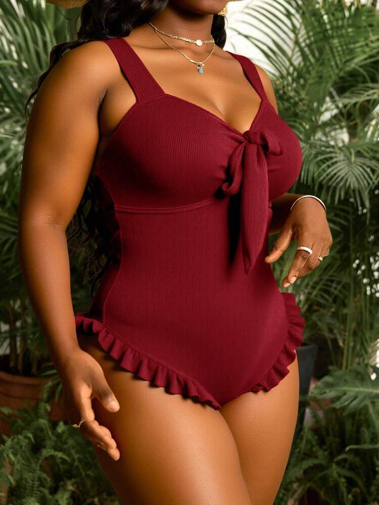 Swim Lushoire 2026 New Summer Beach Vacation Ruffled Design, Solid Striped Textured Fabric Plus Size One-Piece Swimsuit - Burgundy - View 7