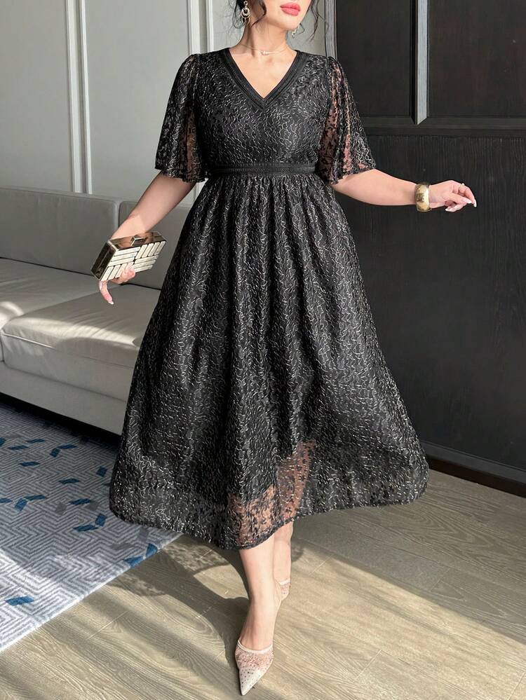 Dazy Plus Plus Size Women's Elegant Contrast Lace Waist Cinched Short Sleeve Dress, Black, Suitable For Party And Events, Spring/Summer Sundress