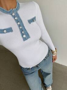 SHEIN Clasi Women's Elegant Fitted Half-Open Collar Denim Patchwork & Element Front Button Design Long Sleeve Sweater, Spring/Summer - White - View 4