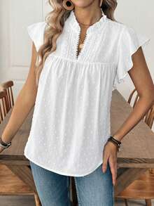 Louniche 女士休闲度假纯色镂空蕾丝V领短袖衬衫，春夏款 - 白色 - 查看 4