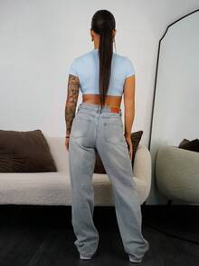 SAYEHFBABY Áo thun nữ dáng ôm cổ tròn tay ngắn màu trơn đơn giản, thích hợp cho mùa hè - Màu xanh nhạt - Xem 2