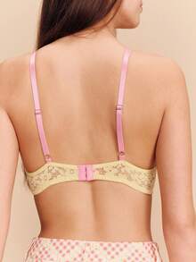 lacRébo Yellow Floral Print Lace Bralette With Contrast Pink Straps Cute Romantic Spring Summer French Style Parisian Style Valentines Day - Yellow - View 2
