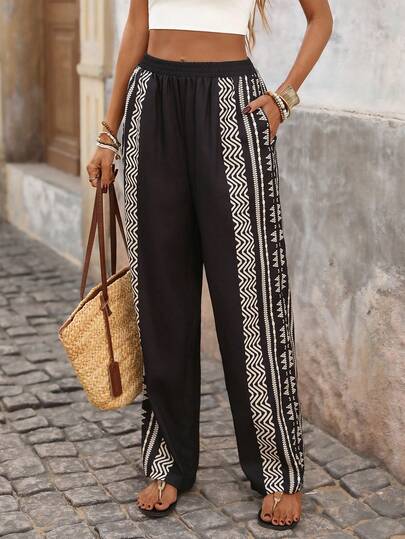 Brillora Pantalones casuales y versátiles de mujer con estampado de rayas, cintura elástica y bolsillos en diagonal