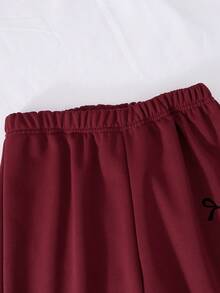 少女秋冬卫衣套装，斜肩带拼接短款蝴蝶结印花上衣 + 同款弹力腰直筒裤，两件套休闲装 - 紅色 - 查看 5