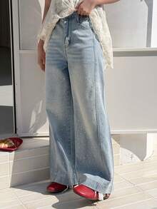 Dazy Kids Tween Girls' Casual Everyday Commute Fashion Street Rhinestone Washed Loose Wide Leg Jeans - Blue - View 2