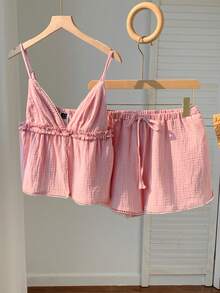 Conjunto informal de 2 piezas de mujer en azul marino con lunares, incluye camiseta de tirantes y pantalones con estampado de lunares, adecuado para primavera, verano, vacaciones, hogar, festivales de música, vuelta al colegio, atuendos casuales - Rosa 3 - Ver 3