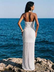 Nevyona Women's Strapless Tight Stretch Body-Hugging Dress,White,Summer,Elegant,Vacation,Holiday,Knitted Three-Dimensional Flower Decoration Party Dress - Apricot - View 2