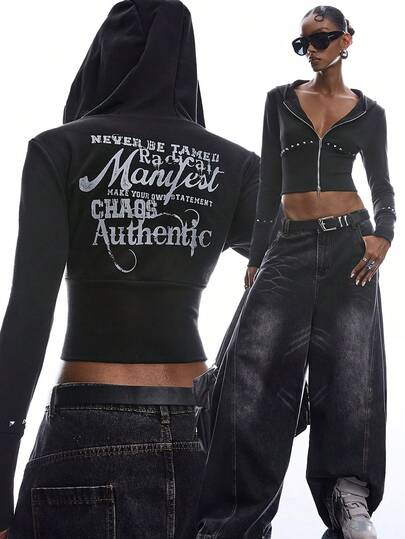 LYSMO 2026 New Arrive Minimalism Spring/Summer Women's Minimalist Print Hooded Long Sleeve Sweatshirt Metal Decoration Music Festival Letter Print  Y2k Clothes 2000s Style Y2K Tops Casual Blouses For Women Going Out Top Party Outfit  Carnival Clothes Carnival Women Look 2026  Valentines Day Outfit Spring Break Outfits