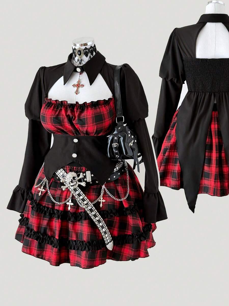 Sunspun New Retro Punk Dark Elegant Plaid Puff Sleeve Cinched Waist Slim Fit Shirt Polo Collar Top Paired With Elastic Waist Layered Ruffle Mini Skirt 2 Pieces Set, Elegant, Cosplay Dark Style Lolita Bell Sleeve Hollow Design Top + Plaid Puff Skirt Suit - Multicolor - View 1