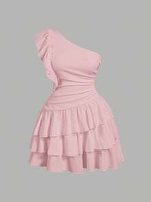 SHEIN MOD Plus Size Ruched Solid Color Asymmetric Collar Ruffle Hem Short Dress - Pink - View 1