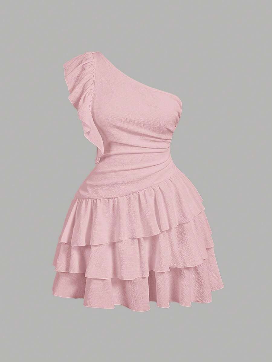 SHEIN MOD Plus Size Ruched Solid Color Asymmetric Collar Ruffle Hem Short Dress - Pink - View 1