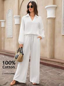 EMERY ROSE 女士纯色翻领长袖上衣和口袋裤休闲两件套 - 白色 - 查看 1