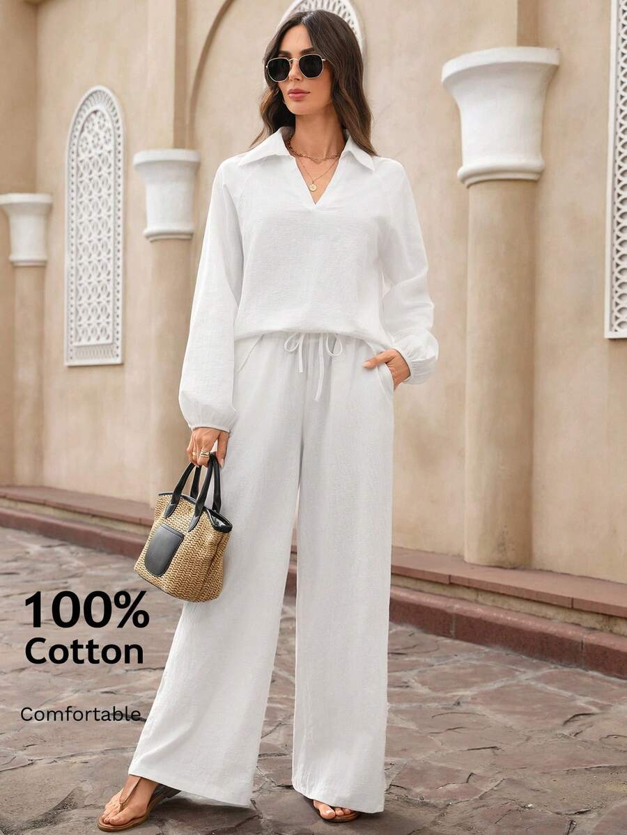 EMERY ROSE 女士纯色翻领长袖上衣和口袋裤休闲两件套 - 白色 - 查看 1