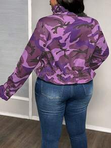 Slaydiva Plus Size Camouflage Print Drawstring Hem Jacket For Dailywear Winter Fall Autumn - Purple - View 2