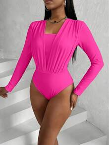 VaVaBold Women's Spring And Summer Pleated Chest 2 In 1 Long Sleeve Fashion Jumpsuit - Hot Pink - View 3
