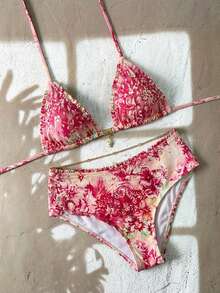 Swim Mod 2026新款女士泳装到货，花卉蕾丝边饰泳衣套装，适合海滩、度假、上学、约会、下午茶、西式、邮轮、海滩、海岛、公路旅行、四季皆宜、音乐节、波西米亚风度假、秋日休闲、西式波西米亚风、优雅女士比基尼上衣，花卉两件套沙滩套装，波西米亚风比基尼套装 - 彩色 - 查看 2