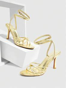 CUCCOO SZL Sandalias de tacón alto de uso diario con diseño de hebilla de metal y punta cuadrada para mujer - Dorado - Ver 2