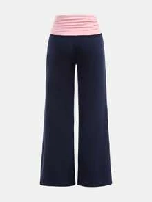 少女款海军蓝粉色拼接针织宽腰宽松长裤，舒适休闲百搭，居家户外皆宜 - 藏蓝色 - 查看 2