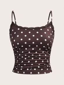 SHEIN EZwear 女士休闲蕾丝拼接波点吊带背心和短裤套装 - 咖啡棕 - 查看 6