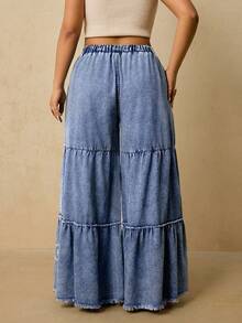 Travachic Quần jeans ống rộng dáng suông nhiều lớp xếp ly, cạp chun, gấu quần xếp ly, dành cho nữ cỡ lớn. - Rửa nhẹ - Xem 4