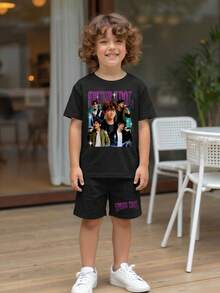2pcs Boys Casual Cartoon Character Print Short Sleeve T-Shirt And Shorts Set, Suitable For Summer Summer Y2k Vacation Goth Gothic Streetwear Sumwon Burgundy Holiday Vintage Boho Festival Mardi Gras Party Cute Birthday Boys Modest Home Casual Cozy - Black - View 3