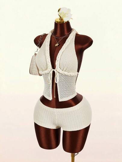 Amplova Women's Sexy Solid Color Backless Halter Top And Mini Shorts 2 Pieces Set, Summer