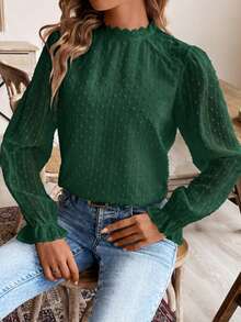 SHEIN Frenchy Áo sơ mi nữ kiểu dáng tối giản, họa tiết chấm bi Thụy Sĩ phối ren, thích hợp mặc mùa thu. - màu xanh lá - Xem 3