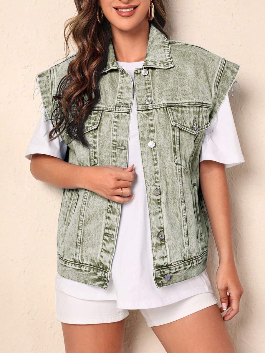 SHEIN Frenchy Áo khoác denim không tay vai rộng, kiểu dáng vintage, phong cách thường ngày. - màu xanh lá - Xem 1