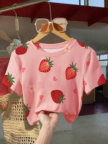 Áo thun crop top cổ tròn tay ngắn in họa tiết quả dâu tây cho nữ, thời trang mùa hè - Hồng - Xem 1