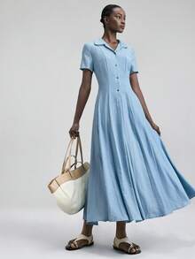 Ontre 2026春夏新款石板蓝长袖收腰喇叭下摆娃娃领连衣裙，适合现代都市派对、返校季、都市简约休闲日常穿着、波西米亚风、度假、节日、情人节狂欢、女士沙滩装、优雅派对、女士正式场合礼服 - 淺藍色 - 查看 5