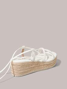 Sandálias de plataforma cunha casuais tecidas de cor sólida para mulher Styleloop, estilo boémio de férias vintage em lona com tiras, sandálias romanas, estilo ocidental, roupa para festival de música e festa, sapatos de primavera e verão, Spring Break, Páscoa - Branco - Ver 5