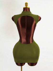 Mistrie Winter New Chinese Style Cheongsam Collar Front Cutout Backless Fitted Mini Dress For Women - Army Green - View 2