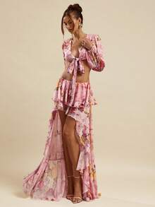 SHEIN BAE Chân váy maxi chiffon trơn và in hoa, vạt bất đối xứng, cạp thấp, thích hợp cho nữ đi biển, kiểu dáng dễ thương ngọt ngào lãng mạn phong cách Y2K, thích hợp cho mùa xuân/hè. - Hồng - Xem 3