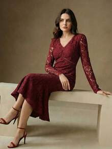 Anewsta French Elegant Embroidered Lace Spring Dress, Hollow V-Neck Long Sleeve Lace Fitted Mermaid Dress - Burgundy - View 4