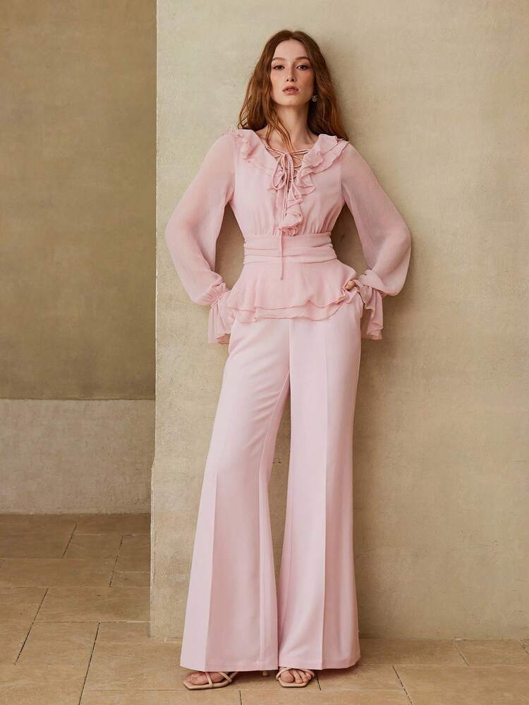 WOMEN'S ROMANTIC ELEGANT RUFFLE TRIM PINK LONG SLEEVE BLOUSE, SPRING/SUMMER