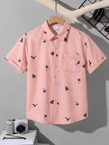 SHEIN 男童休闲棕榈树印花单排扣口袋短袖衬衫 - 杏色 - 查看 4