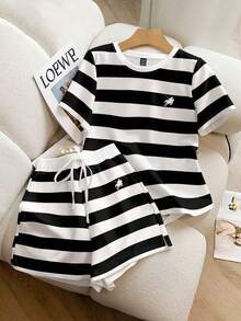 Resyla 复古美式黑白条纹，小马标志印花，女士休闲宽松时尚两件套 - 黑與白 - 查看 1