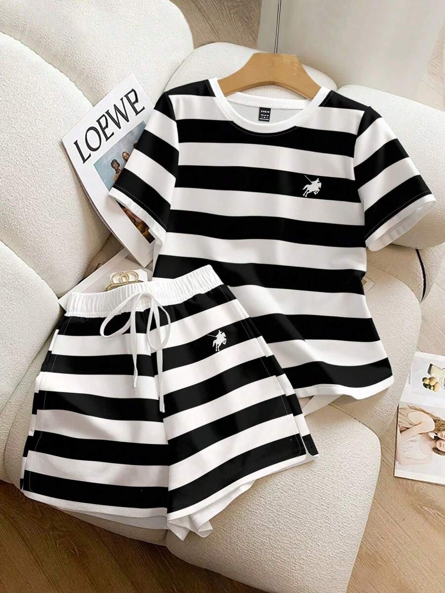 Resyla 复古美式黑白条纹，小马标志印花，女士休闲宽松时尚两件套 - 黑與白 - 查看 1
